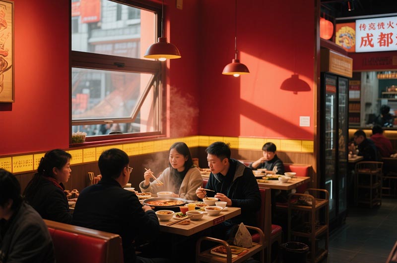 以紅、黃二色為例的川味火鍋店裝修效果圖