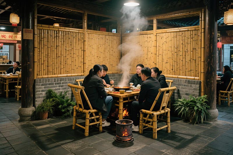 采用竹、木、青磚等傳統材質的火鍋店裝修效果圖