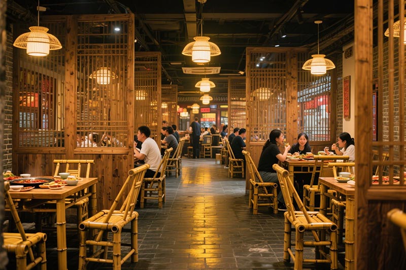 采用竹、木、青磚等傳統材質的火鍋店裝修效果圖